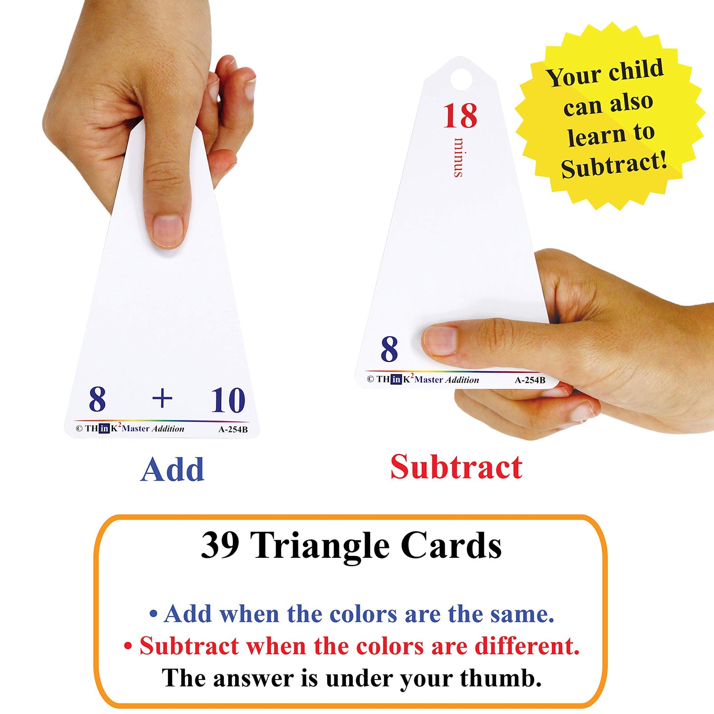 Think2Master Addition Flash Cards. Learn To Add & Subtract By Counting, Writing, Understanding & Memorizing. 260 Laminated Cards, 39 Triangle Cards, 2 Dry Erase Markers, 5 Rings & 30 Counters