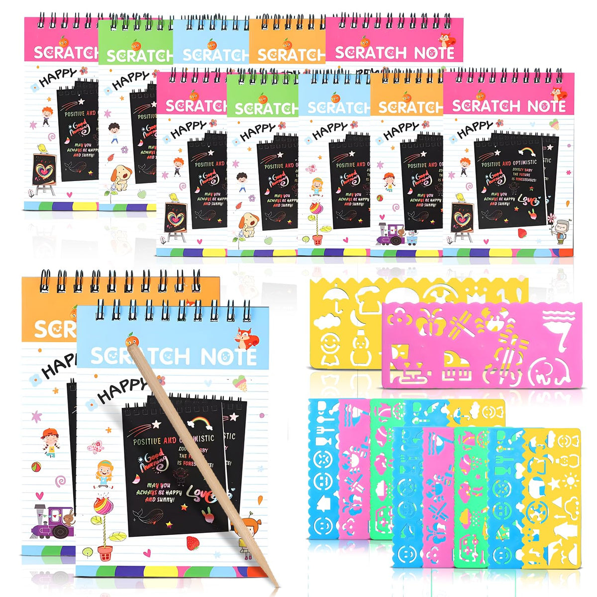 Promote Rainbow Scratch Art Notepads Set 12 Rainbow Scratch Notebooks (10 Sheets Each) + 12 Wooden Stylus Pens & 12 Drawing St