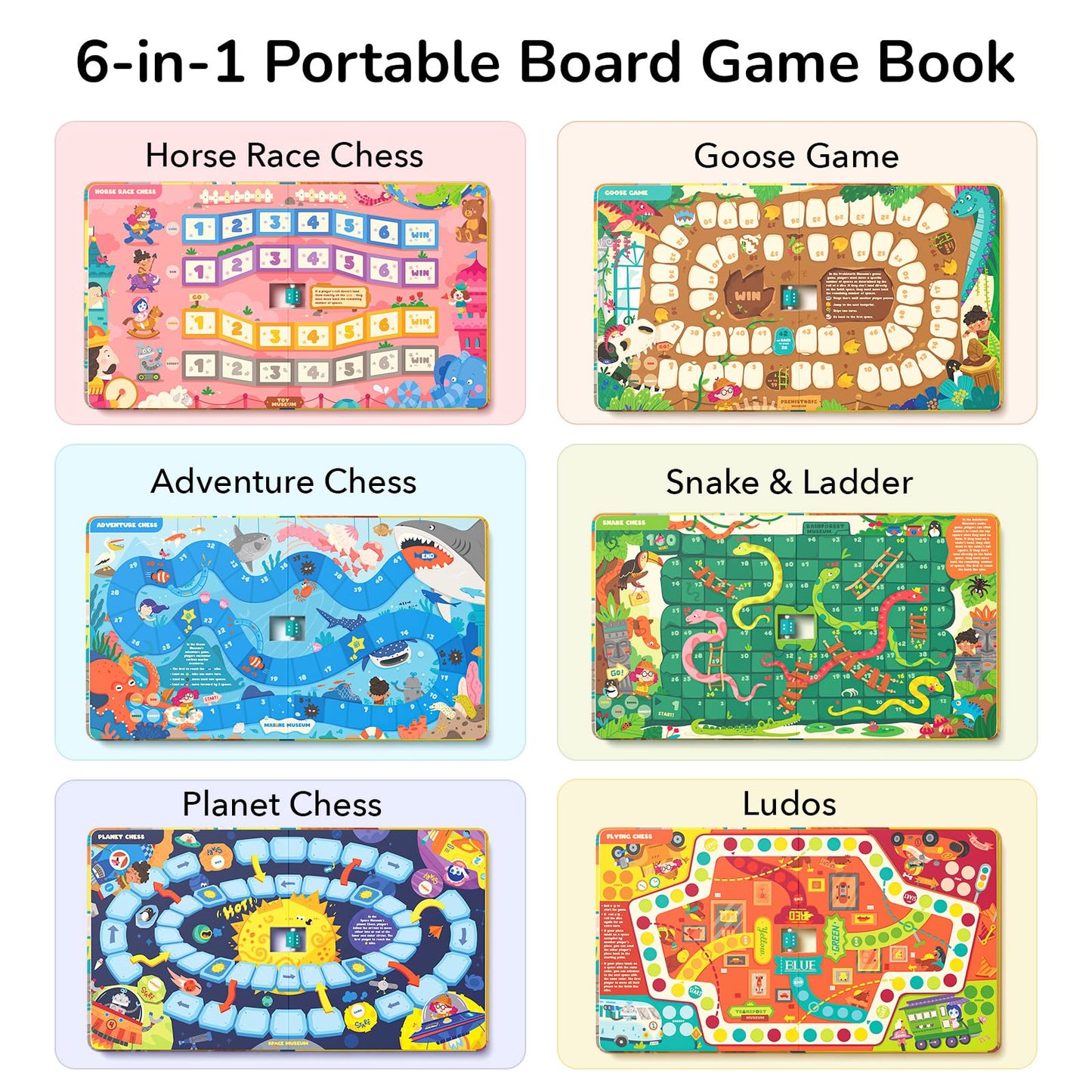 Mideer 6-In-1 Magnetic Board Game Set, Portable Board Game Book, Beginner Classic Board Games Chess Set For Kids, Travel Road Trip Game For Ages 3 4 5 6 - Museum Adventure