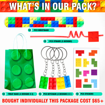 Empire Party Supply 60 Pcs Building Blocks Party Favors For Kids, Set Of 12 Brick Style Keychain Wristband Treat Bag Straws Stickers For Building Blocks Birthday Party Supplies