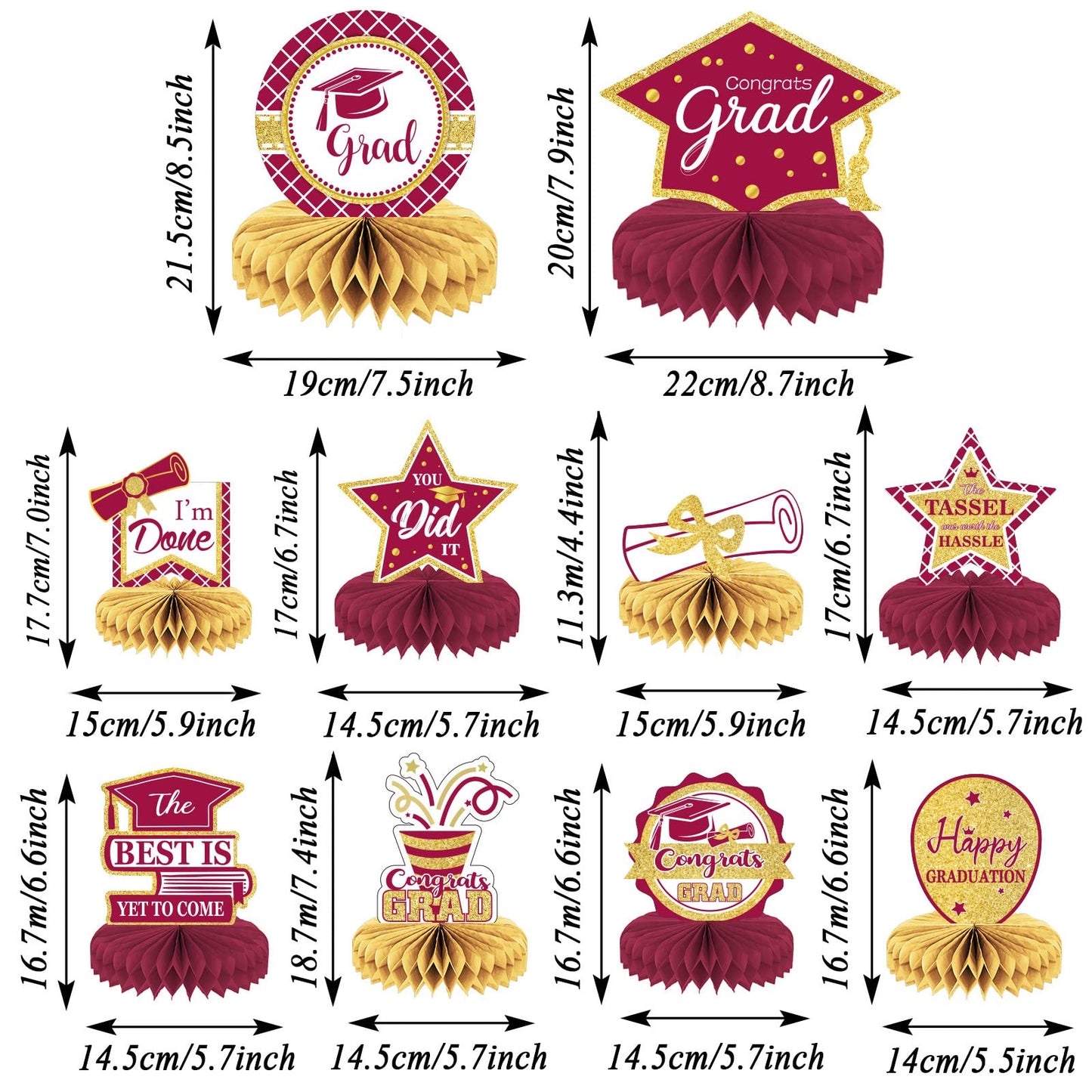 10Pcs Class Of 2023 Graduation Party Decorations 2023 Congrats Grad Honeycomb Centerpieces Congratulate Graduation Table Toppers For Graduation Party Favor Supplies(Maroon)