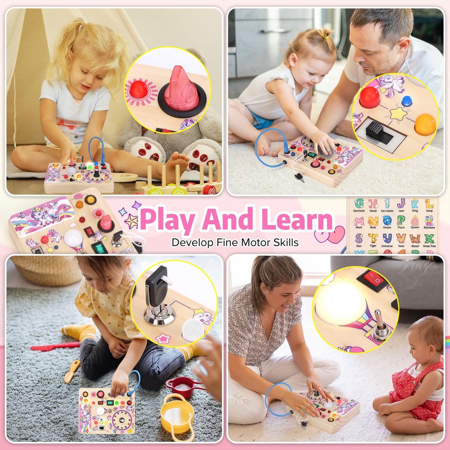 Wakeinsa Toddler Busy Board,Montessori Toys For 1-3 Years Old,Baby Sensory Board,Wooden Learning Toys,Christmas & Birthday Gift For Boys & Girls (Unicorn Busy Board V2)