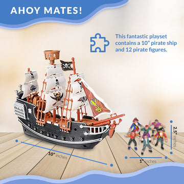 HOWBOUTDIS Pirate Playset - 10" Pirate Ship with 2" Figurines - Imaginative Play for Ages 3+ - Durable Plastic Toy