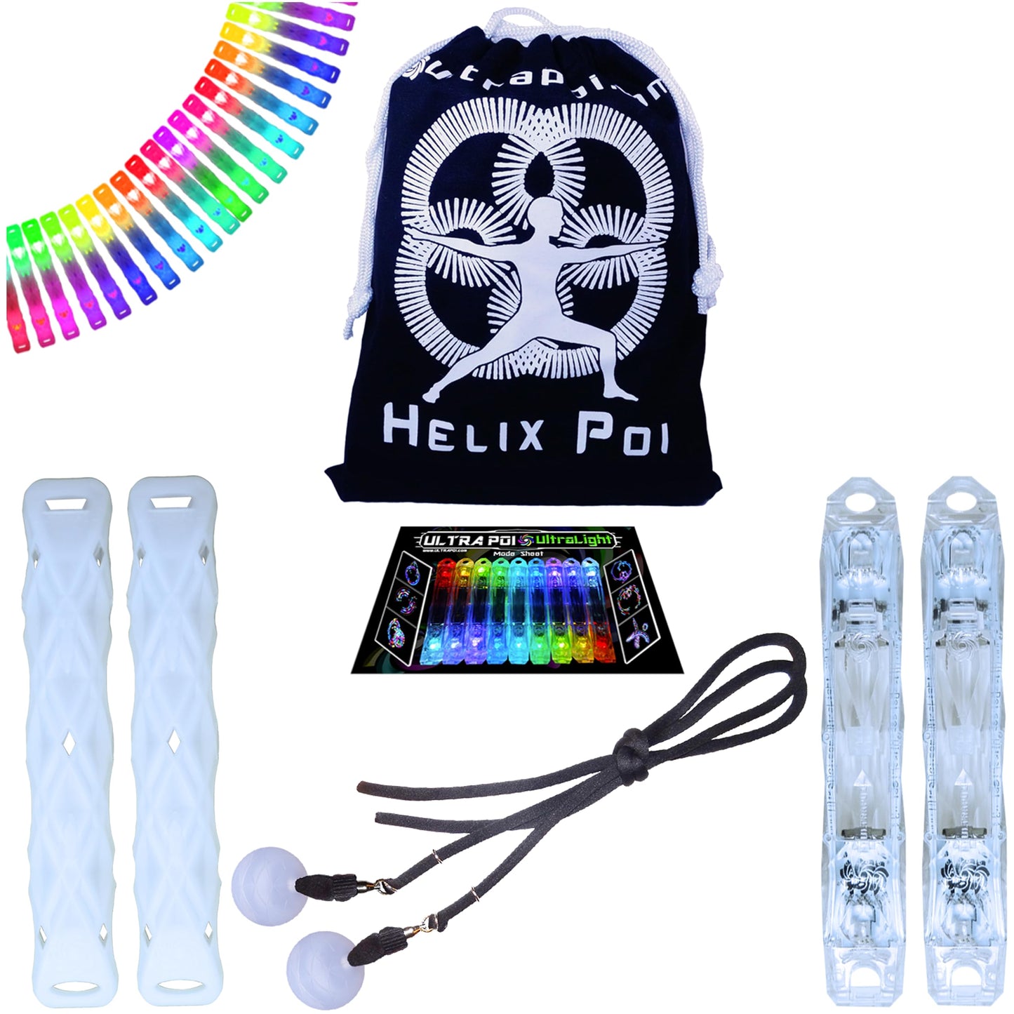 UltraPoi HelixPoi Set - Helix Poi w/Non-LED Knob Handles - 70+ Brilliant Color Modes & Patterns - LED Poi Glow Stick Lights w/Soft Durable Cases & Adjustable Leashes - Flow Arts Light Spinning Toy-New