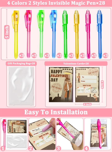 Igeekid 28 Pack Valentine'S Day Cards For Kids Invisible Ink Pen With Uv Black Light Valentine Gift School Supplies Secret Spy P