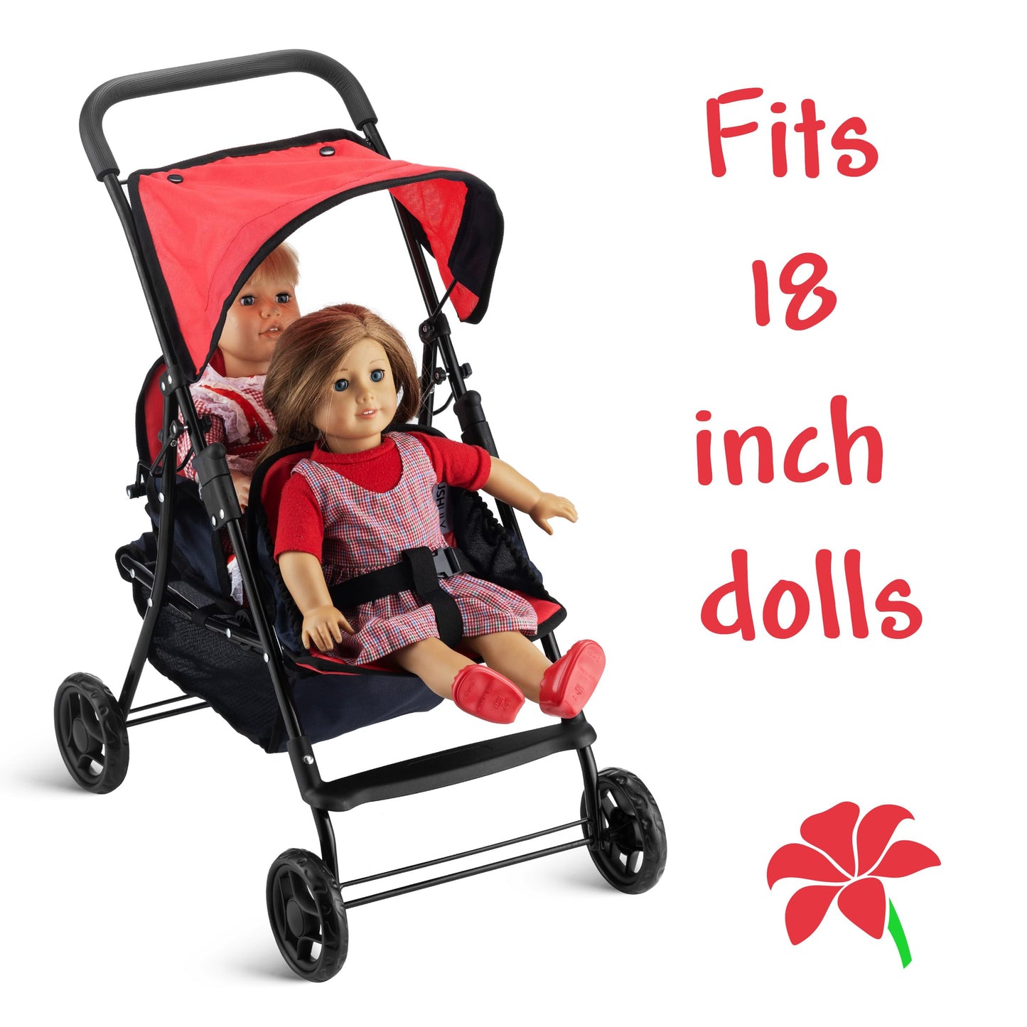Hushlily® Tandem Double Doll Stroller With Adjustable Canopy & Basket, Foldable, With Smooth Rolling Wheels (Red & Blue)