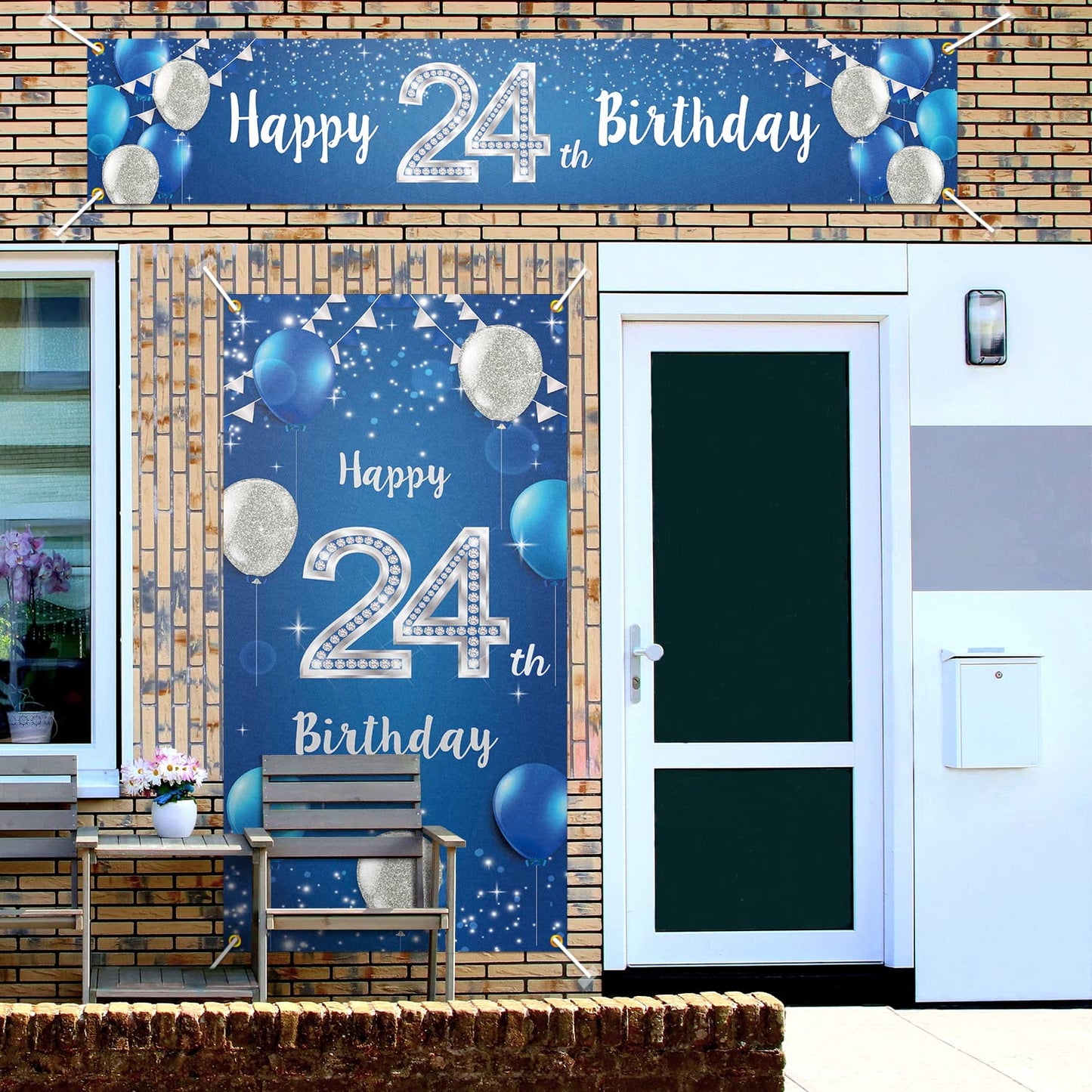 Happy 24Th Birthday Door Cover Porch Banner Sign Set - 24 Years Old Birthday Decoraions Party Supplies For Men - Blue