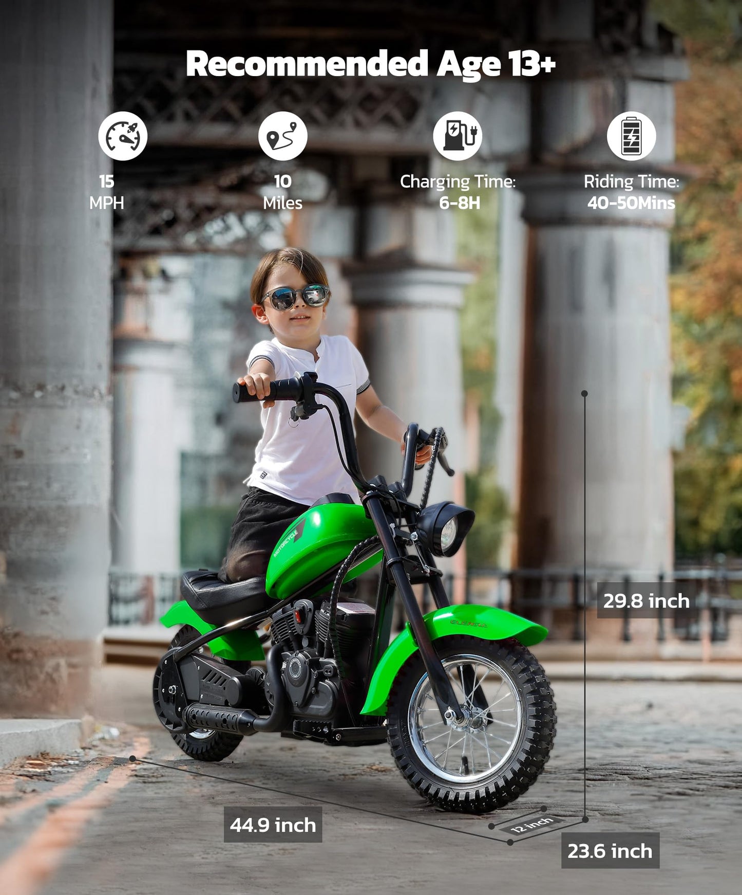 Elemara Dirt Bike Electric, 15 Mph & 150Lb Max, Motor Bikes For Kids W/Led Lights & Power Display, Key Start,Chain-Driven Motor,
