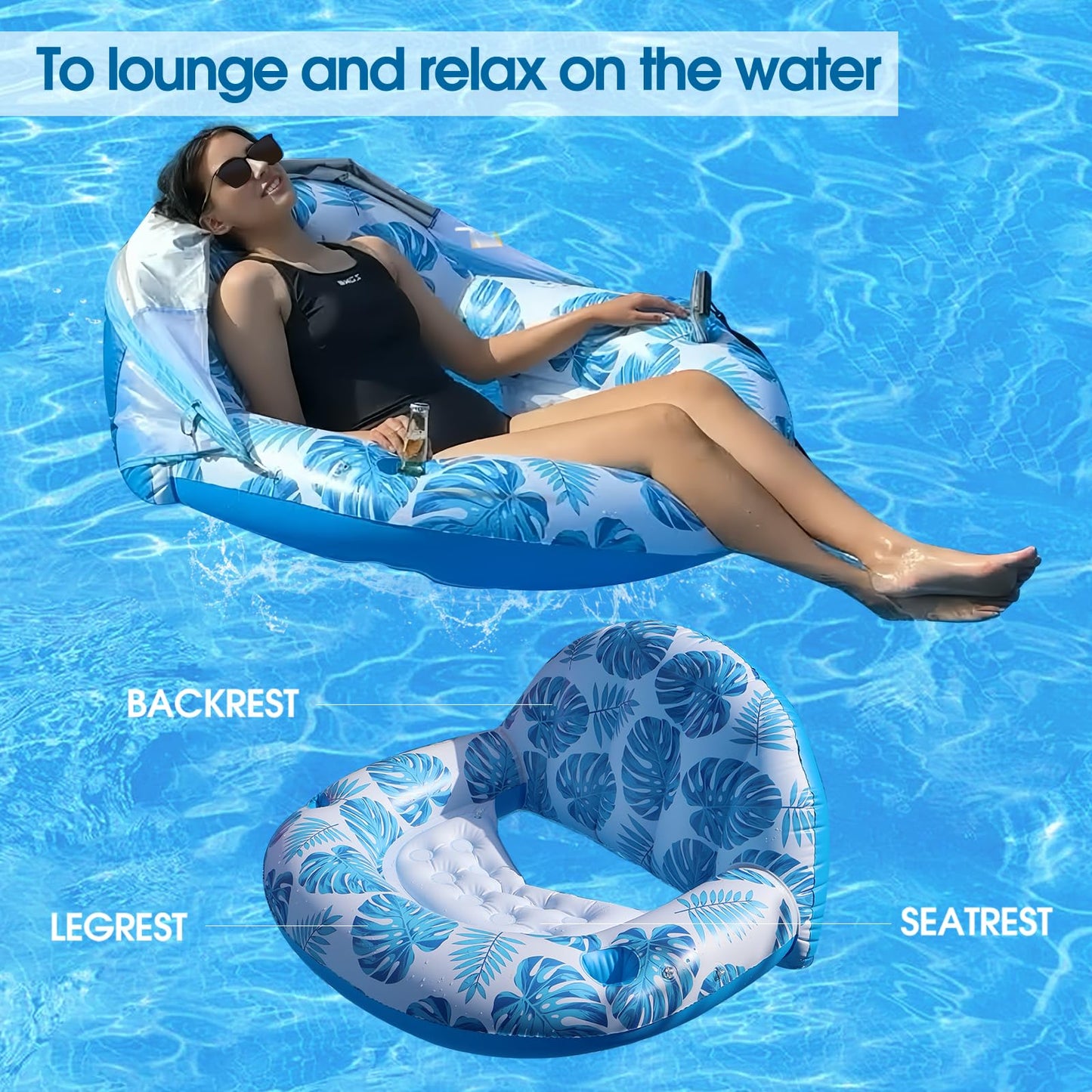 Coolcooldee New Upgraded Pool Chair Float With Shade,Xl Pool Floats For Adults Heavy Duty,Inflatable Pool Chair Lounge Float With Cup Holder & Backrest For Pool,Lake,Beach