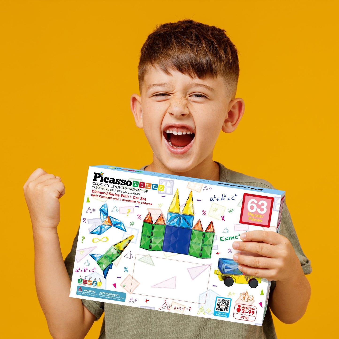 Picassotiles 63 Piece Magnetic Building Block Construction Toy Set Diamond Magnet Tile Blocks With Car Truck Stem Learning Kit E