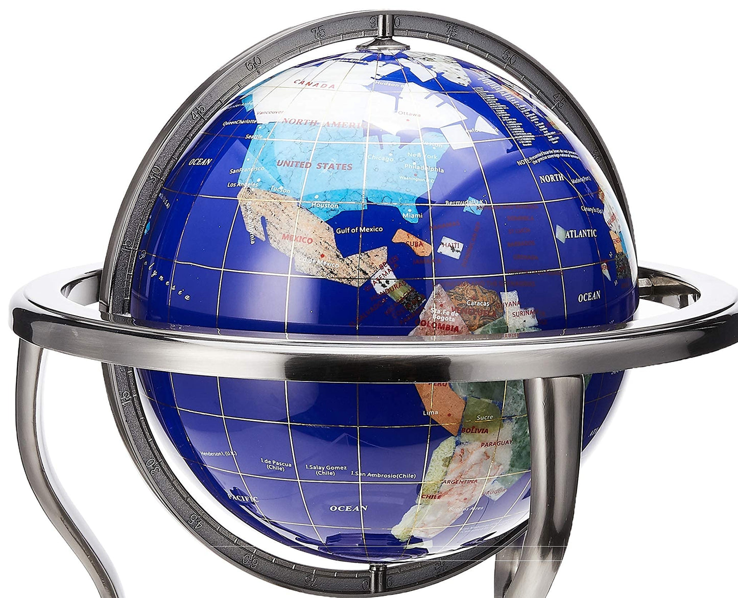 Unique Art 13-Inch Tall Table Top Blue Lapis Ocean Gemstone World Globe With Silver Tripod Stand