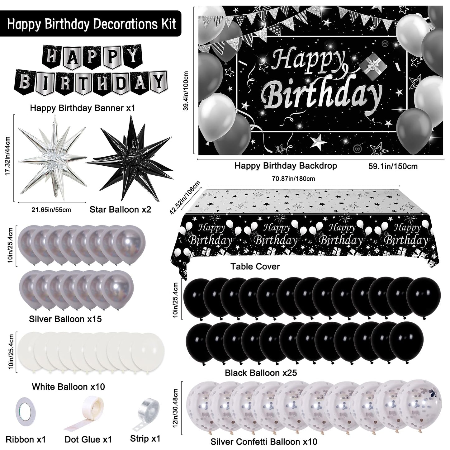 Silver And Black Birthday Decorations For Men Women Boys Girls 80 Pcs White Black And Silver Party Decorations Happy Birthday Backdrop Banner Confetti Star White Silver Black Balloon Arch Tablecloth