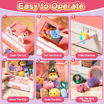 AIQI Kids Claw Machine Mini Candy Vending Grabber Prize Dispenser Toys for Girls and Boys Electronic Claw Game Machine for Party Birthdays with Lights Sound Includes 20 Plush and 10 Mini Toys