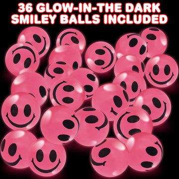 Artcreativity Pink Glow In The Dark Smile Face Bouncing Balls - Bulk Pack Of 36-1 Inch High-Bounce Bouncy Balls For Kids, Glowing Party Favors And Goodie Bag Fillers For Boys And Girls