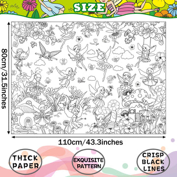 Naozinebi Summer Fairy Garden Coloring Poster For Kids Giant Coloring Poster Large Fairy Party Flower Coloring Tablecloth Jumbo