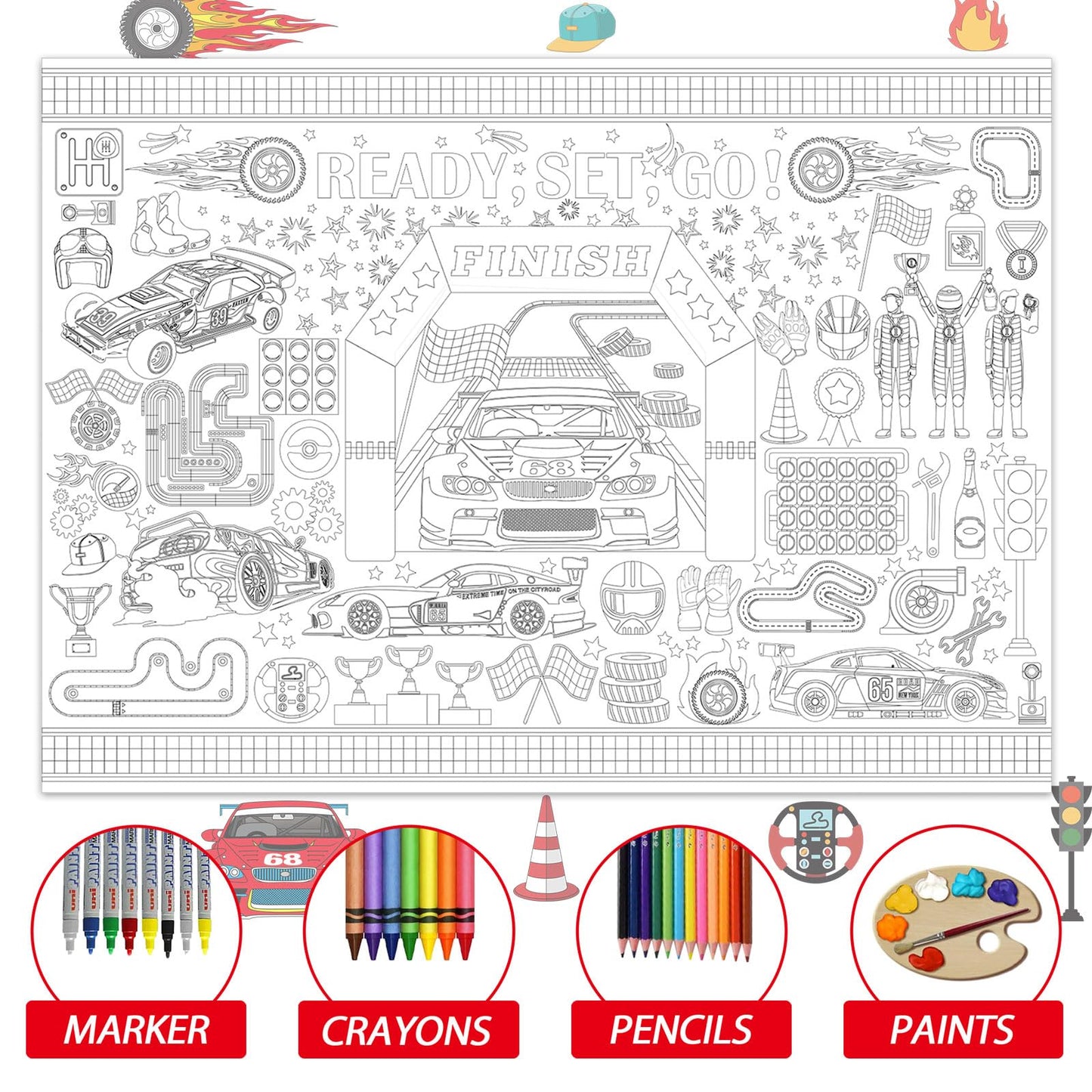 Naozinebi Race Car Coloring Poster For Kids Giant Racing Coloring Poster Large Race Car Party Coloring Tablecloth Jumbo Coloring