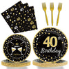 96 Pcs 40Th Birthday Plates And Napkins Party Supplies Black Gold Happy Forty Theme Tableware Set 40Th Birthday Decorations Favo