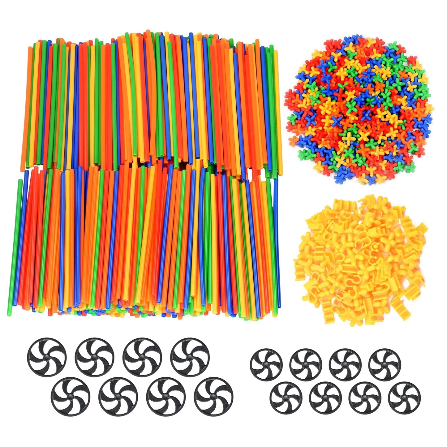 Playlearn Large 816 Piece Straws Builders Construction Building Toy - 8 Inch Full Size Straws - Giant Pack with Wheels and Speci