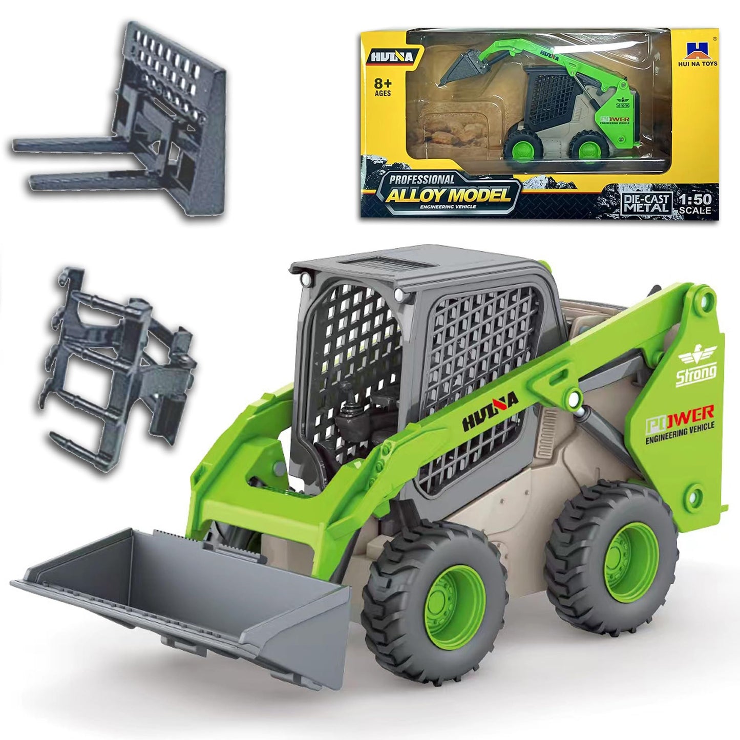 Qcar 3 in 1 Skid Steers Loader Construction Vehicles Toys,1:50 Scale Diecast Site Loader with Metal Forklift and Grab Shovel Set