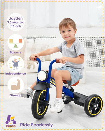 KRIDDO Kids 12 Inch Tricycle - Puncture-Free Wheels, Adjustable Seat, Front Light, Blue, Suitable for Ages 2-5
