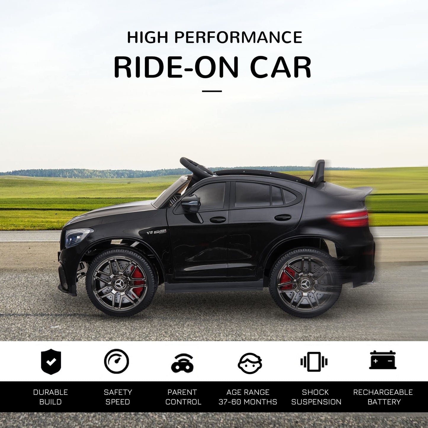Aosom 12V Ride On Toy Car For Kids With Remote Control, Mercedes Benz Amg Glc63S Coupe, 2 Speed, With Mp3, Electric Light, Horn, Suspension, Black