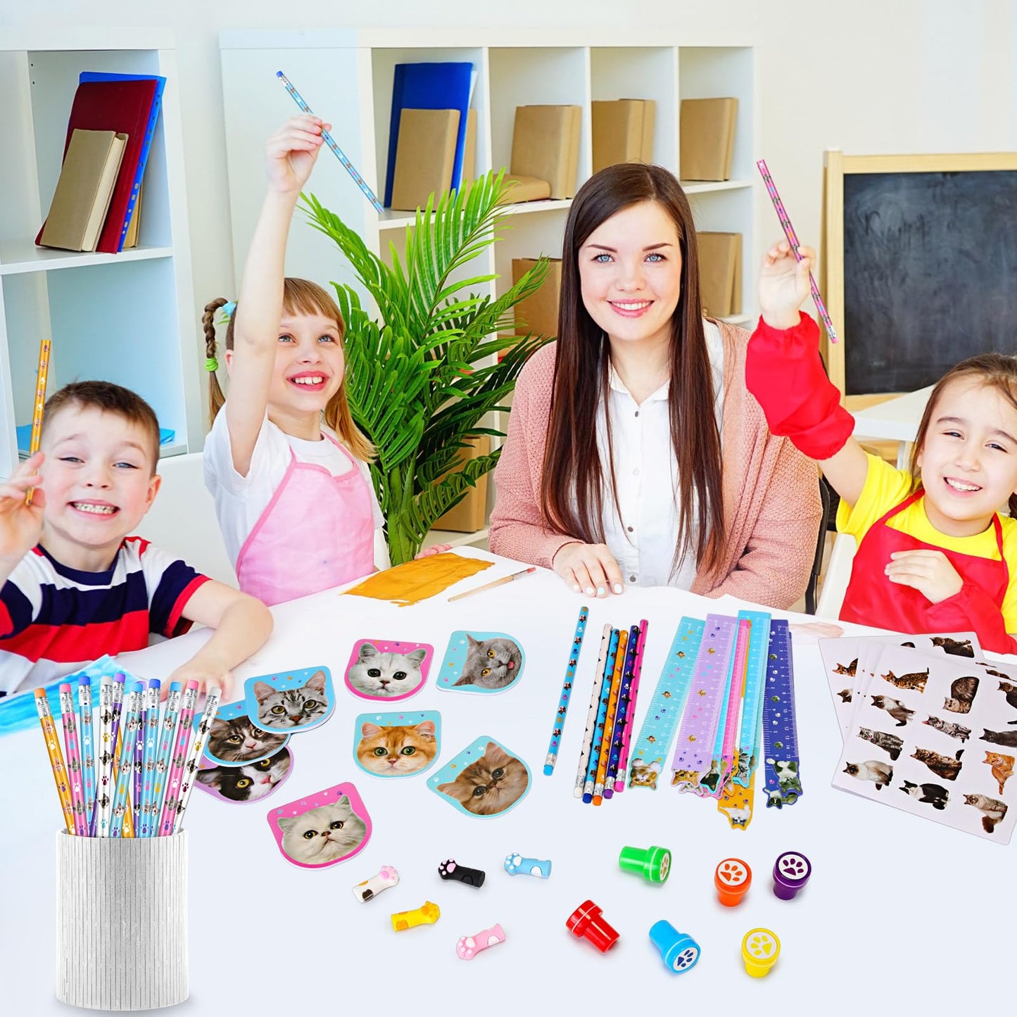 PerKoop 168 Pcs Cat Party Favors Set Cat Pencil Mini Notebook Sticker Stamp Stationery Cat Themed Party Favor for Kitten Animal