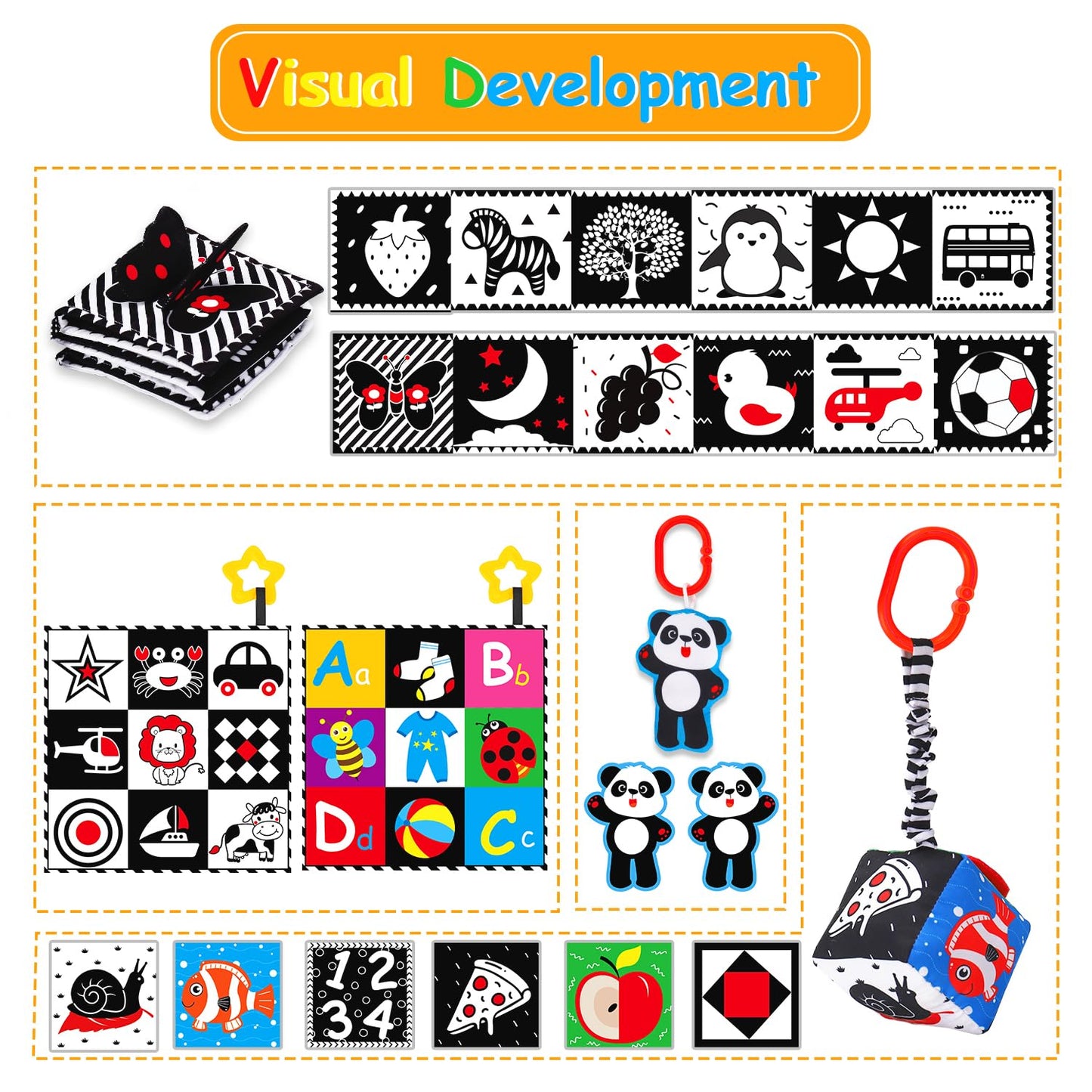 4 Pcs Black And White High Contrast Baby Toys 0-3-6 Months Newborn Essential Montessori Toys For Babies Crinkle Sensory Book For Brain Development Tummy Time Mirror Infant Carseat Rattle 9 Month Gift