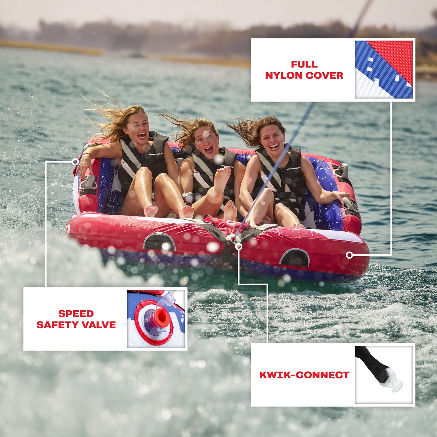 AIRHEAD Super Mable 3-Person Towable Tube - Inflatable Nylon Boat Tube, Stars & Stripes Pattern, 16 Handles, Cushioned Walls