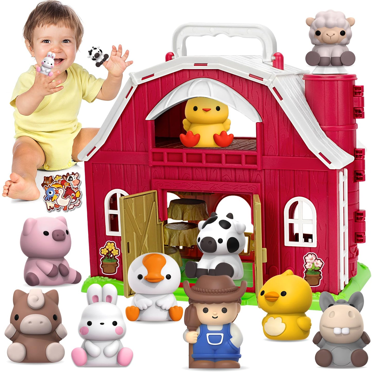 Kmuysl Toys For 1 2 3 Years Old Boys Girls, Big Red Barn Farm Animal Playset For Boys Girls, Learning Toys, Montessori Toys, Christmas Birthday Easter Gift For Baby Kids Toddlers Age 12-18 Months
