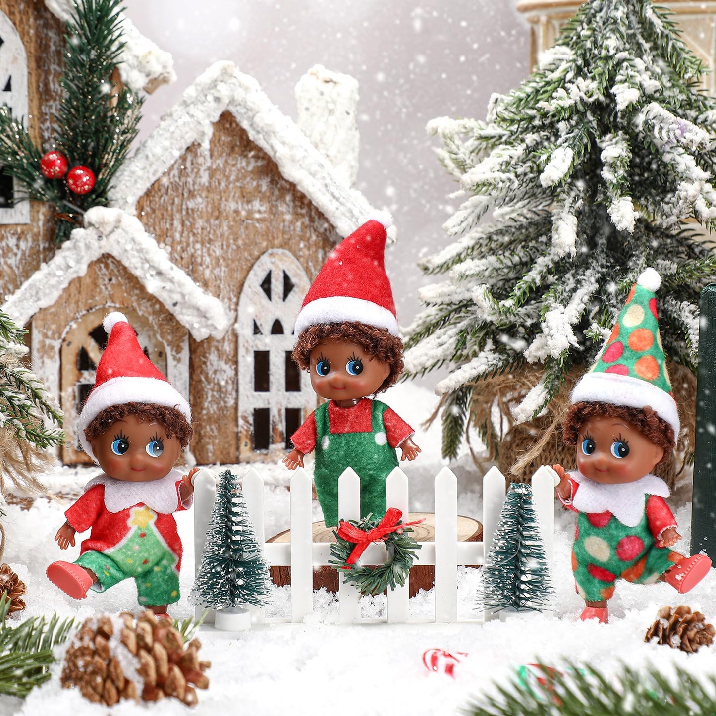 Threan 2 Pcs Christmas Elf Twins Ethnic Hispanic African American Black Elves Doll Xmas Figure Village Elf Accessories Decoration Advent Calendar Stocking Stuffer(Tree Style)