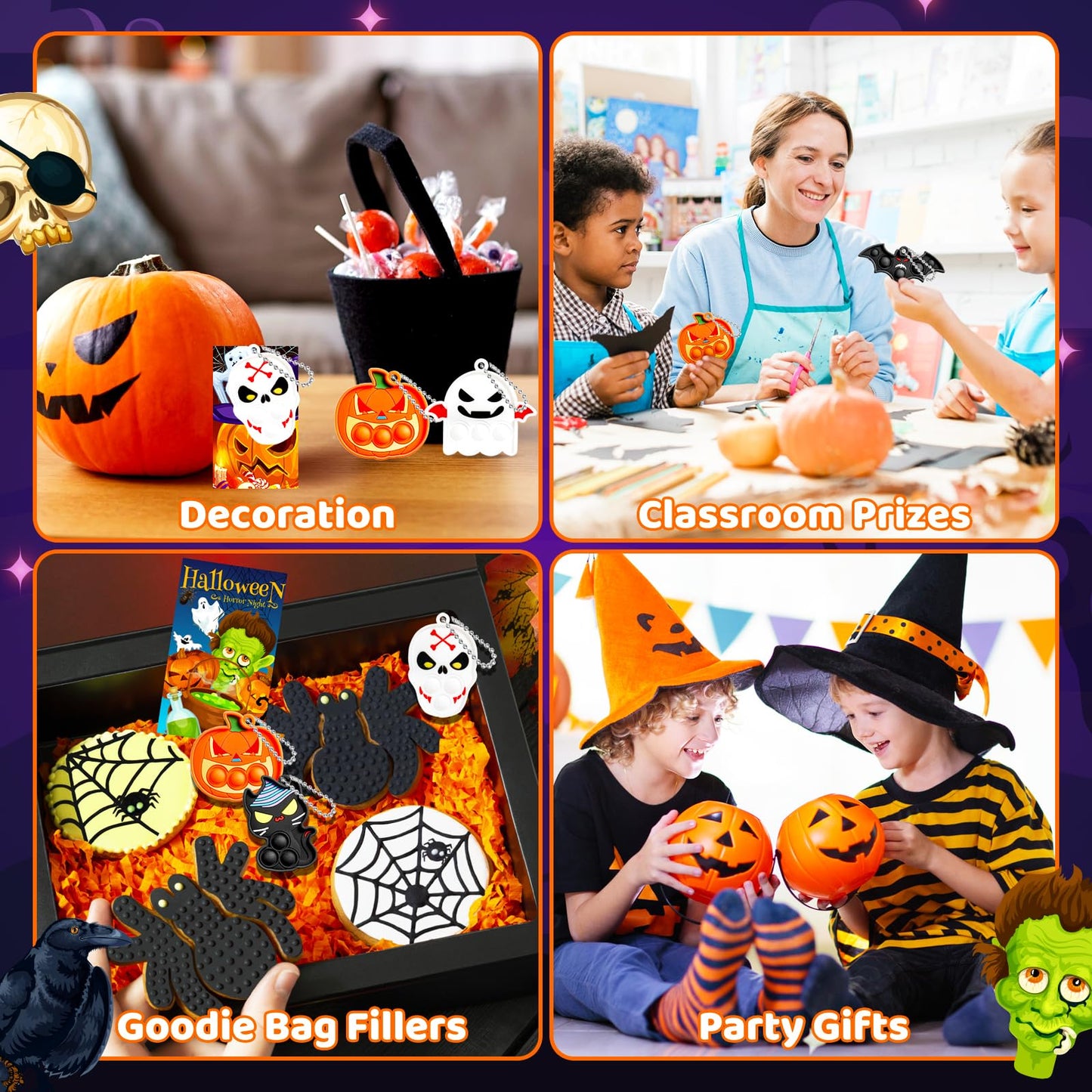 FIDWOD 64pcs Halloween Party Favors for Kids: Stocking Fillers Pop Keychains - Box Fillers Party Favours for Children- Fidget To