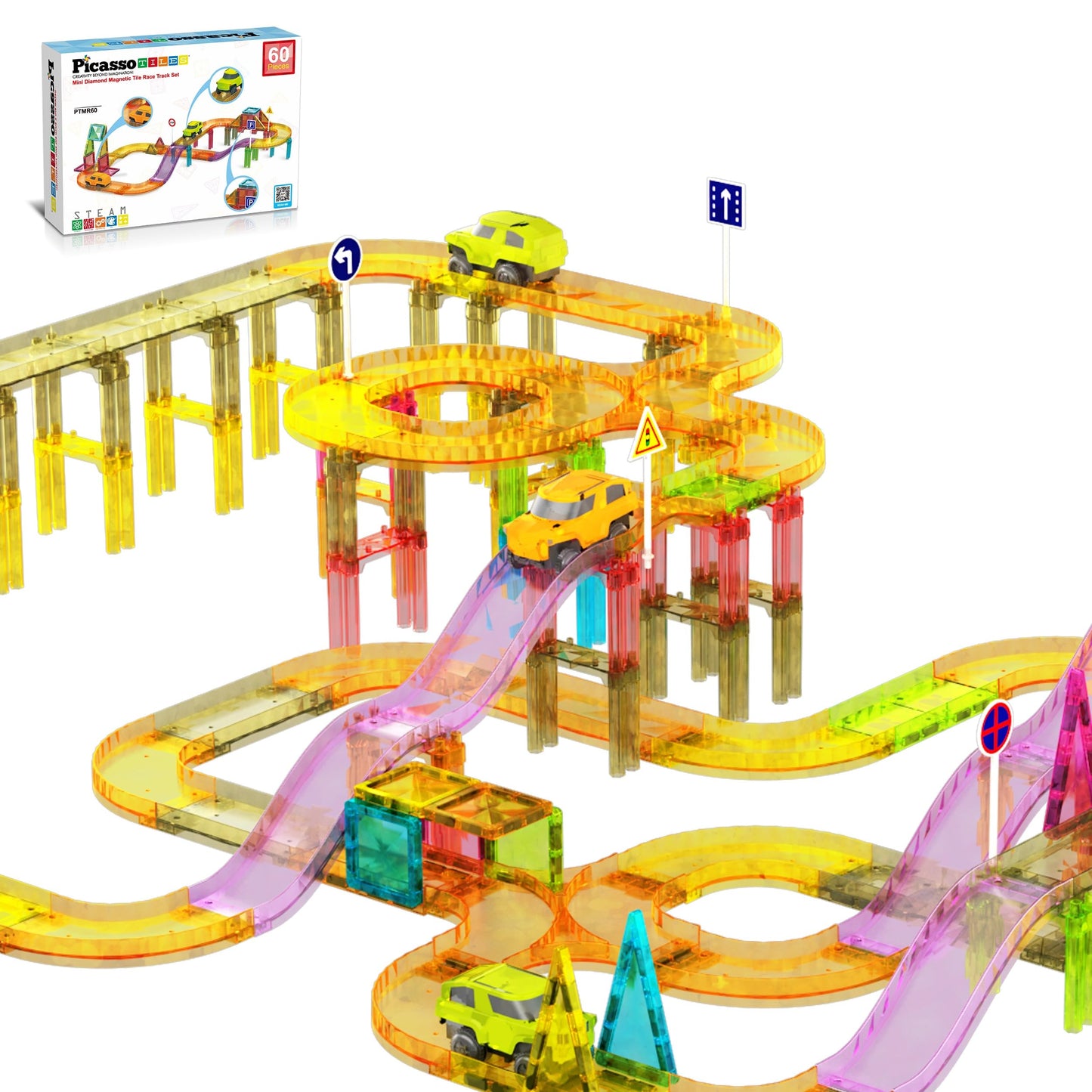 Picassotiles 60Pc Race Car Track Magnetic Tiles Travel Toy Sensory Magnet Tile Toys For Toddlers Stem Educational Learning Presc