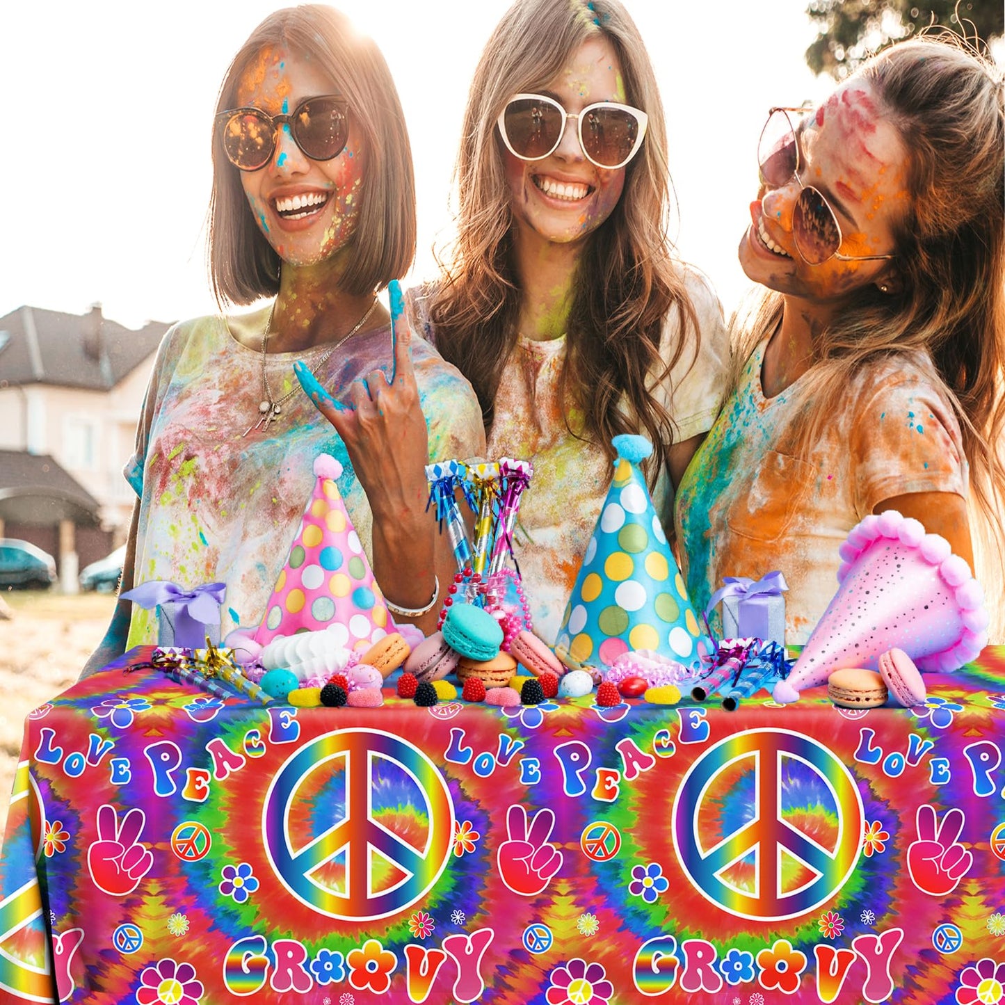 Tie Dye Birthday Party Supplies, 60'S Hippie Theme Tablecloth 3Pcs Groovy Hippie Table Cover Peace Love Tie Dye Table Cloths For