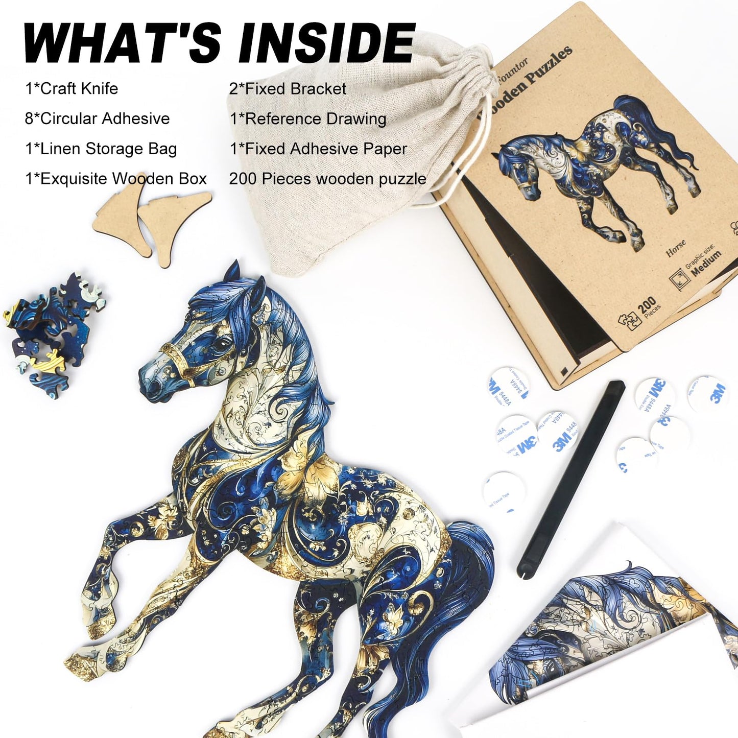 Fountor Horse Wooden Jigsaw Puzzle - 200pcs Basswood Creative Gift, Medium Size 10'' x 11''