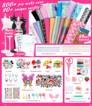 YEETIN 800+ PCS Fashion Designer Kit for Girls - DIY Sewing & Arts Craft Kit with 5 Mannequins, Doll Clothes Making Set, Learn t