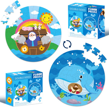 Haooryx Bible Stories Jigsaw Puzzles - 71pcs Noahs Ark & Jonah and The Whale Jigsaw Puzzle Set Double-Sided Cartoon Bible Storie