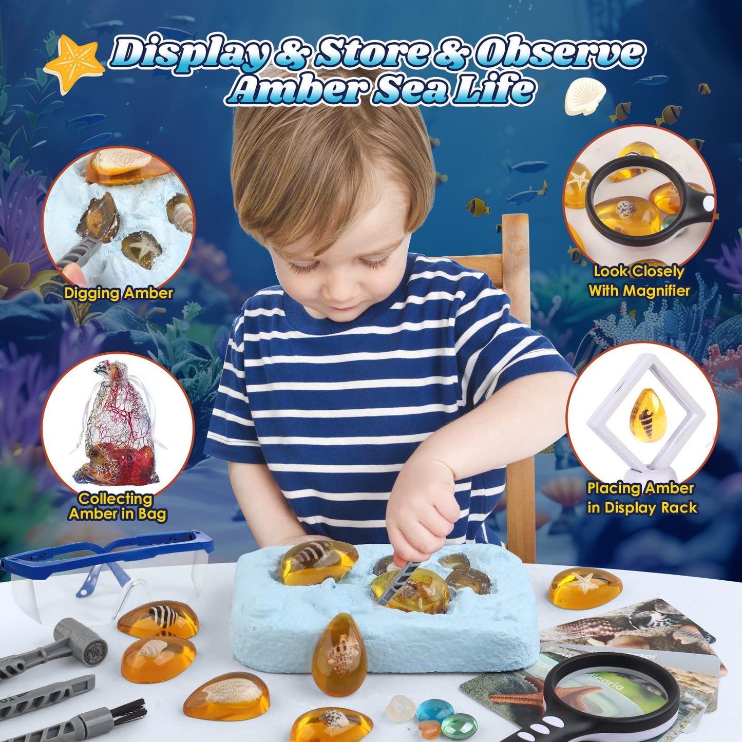 Woumserta Ocean Dig Kit - 8 Specimens Excavation Kit, Gemstone For Kids, Fossil Ocean Toys Dig Kits For Amber Collection, Ocean Toys For Boys Girls And Up Year Old Birthday Gifts