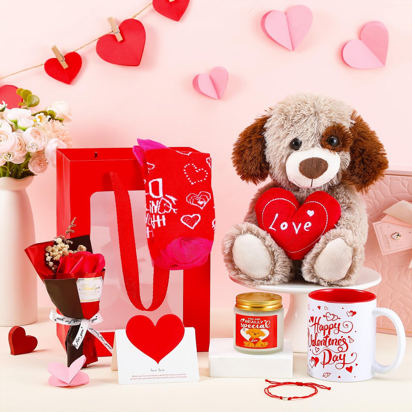 Syhood 8 Pcs Valentine Bear Dog Plush Stuffed Animals Gift Set Love Dog Stuffed Animal Roses Bouquet Coffee Mug Heart Crew Socks