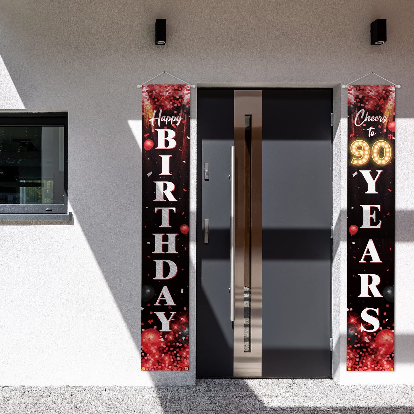 Happy 90Th Birthday Porch Sign Door Banner Decor Red And Black - Glitter Cheers To 90 Years Old Birthday Party Theme Decorations