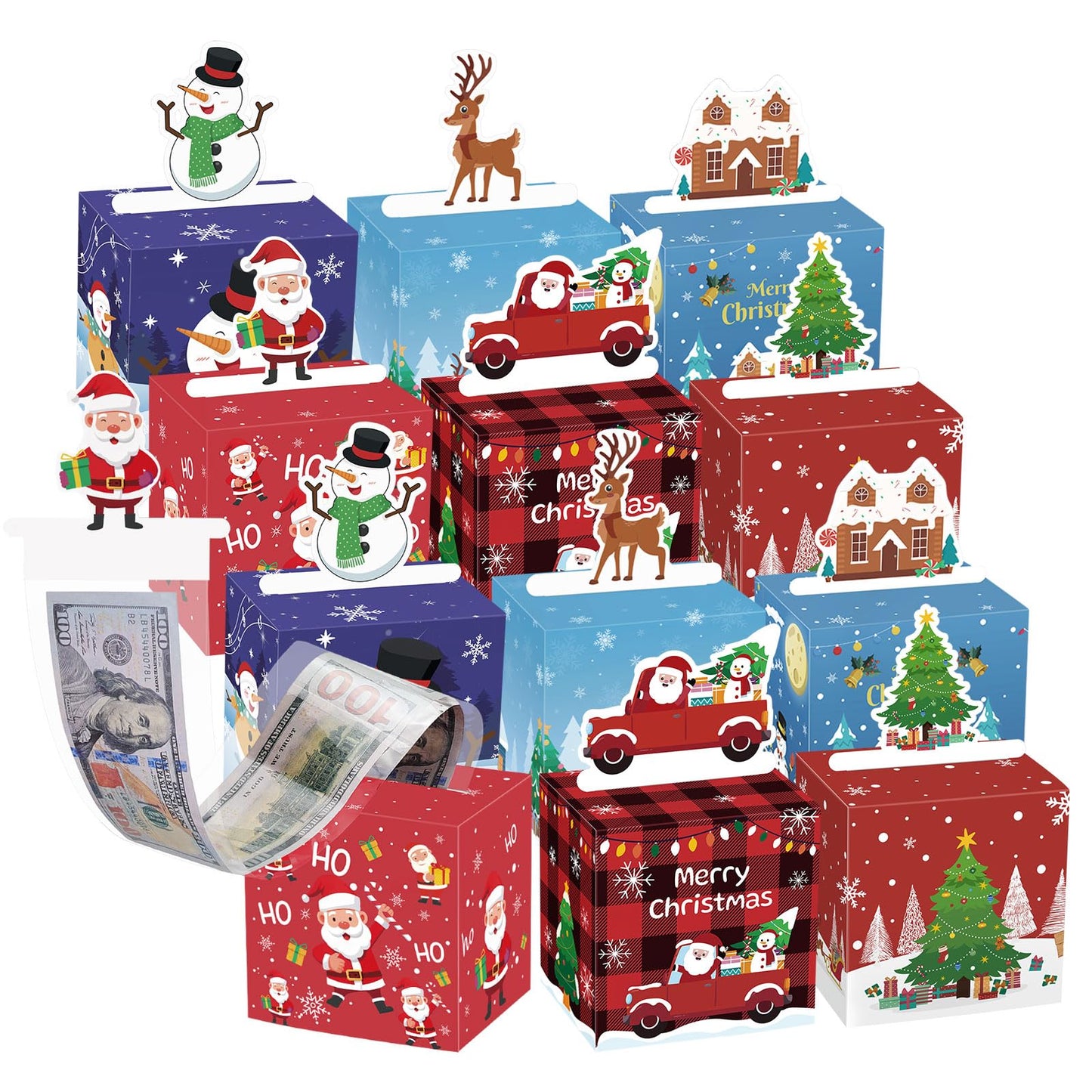Moko Christmas Money Box For Cash Gift Pull, 6 Pack Surprise Money Gift Box For Kids Adults With 160 Pcs Transparent Bags, A Fun Way To Give Cash To Girls And Boys, Christmas Decor Ideas, Red And Blue