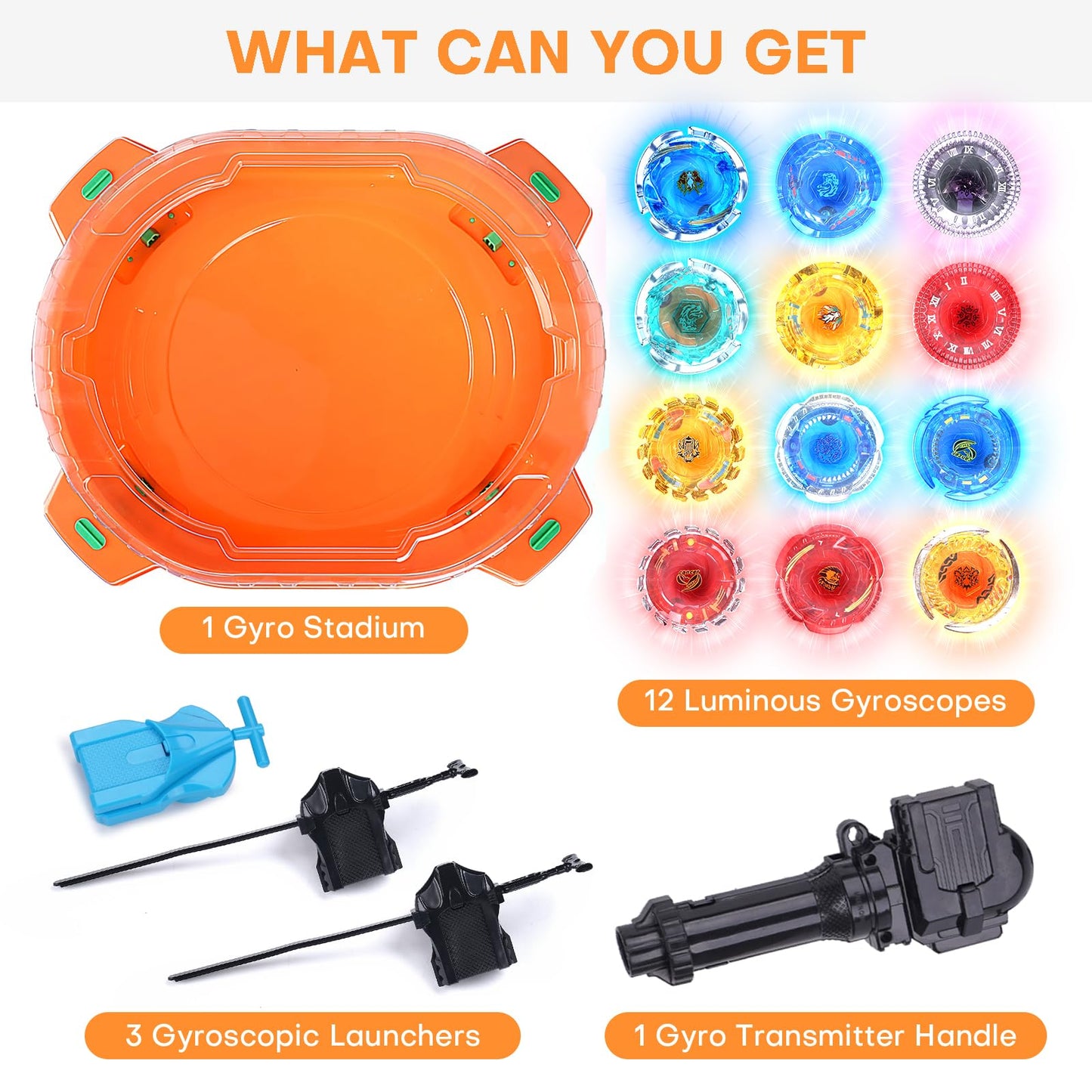 Bupasak Stadium Top Set, 12 Light Ignite Spinning Tops, 1 Stadium, 3 Launchers And 1 Grip, Metal Fusion Battling Game, Toy Gift