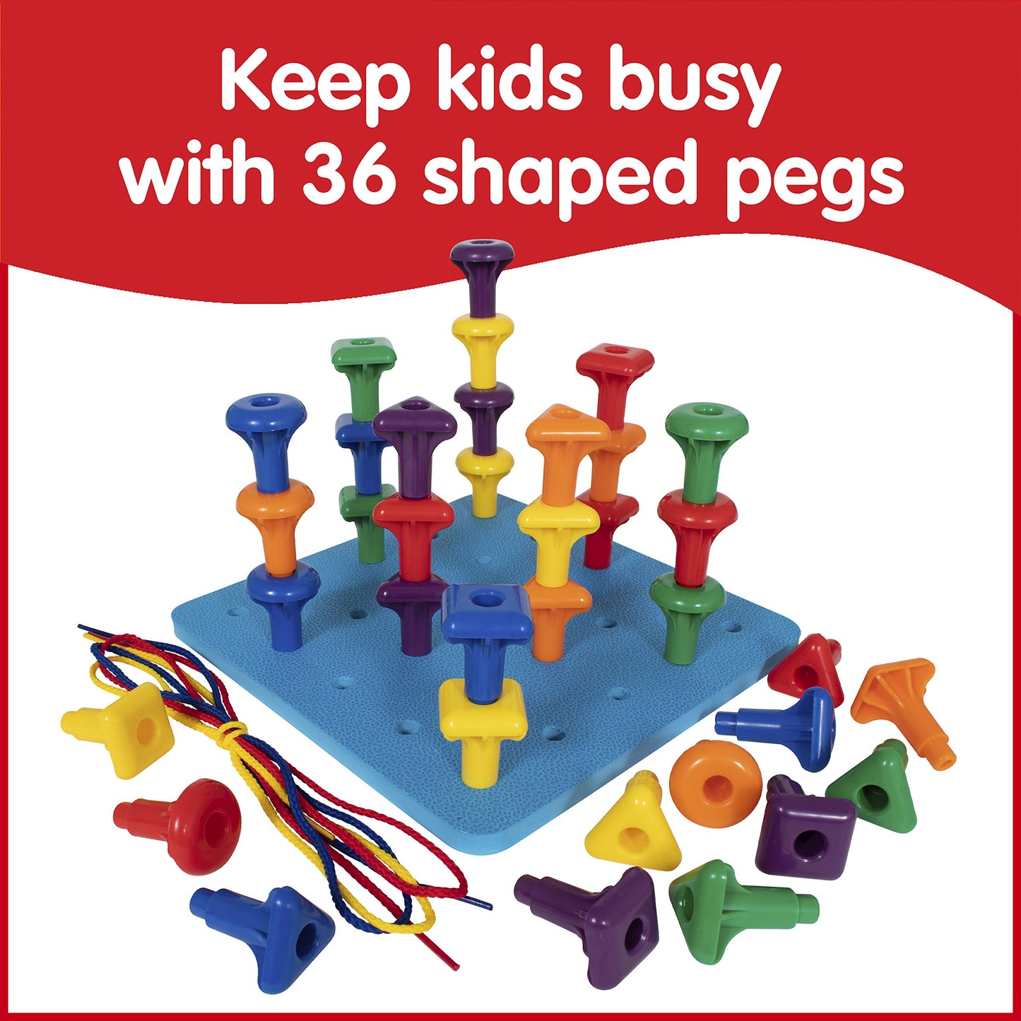 Edxeducation Geo Pegs And Peg Board Set - 36 Pegs In 3 Shapes And 6 Colors + 3 Laces - Ages 18M+ - Homeschool Supplies For Presc