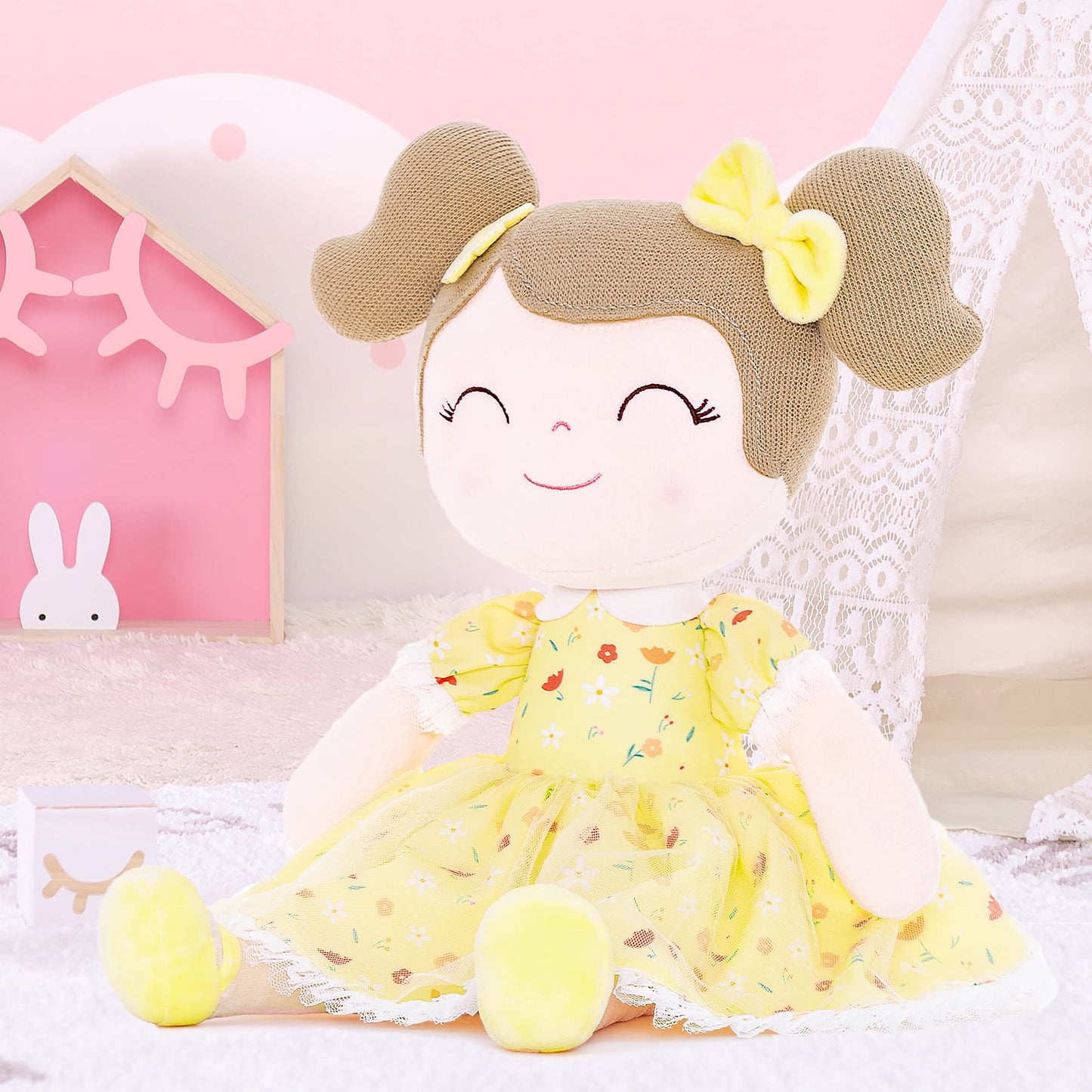 Gloveleya Baby Girl Gift Soft First Baby Doll Plush Doll Floral Yellow 16 ''
