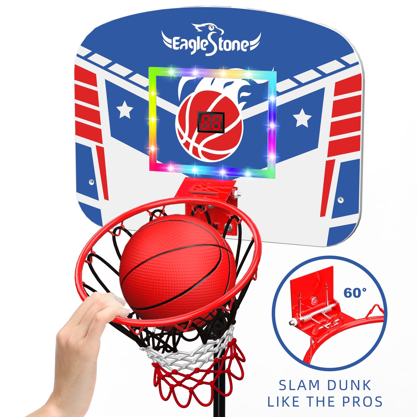 Eaglestone Kid Basketball Hoop Indoor With Led Lights & Scoreboard,Toddler Basketball Hoop Adjustable Height 2.9Ft-6Ft, Mini Hoop Outdoor With 3 Balls,Basketball Toy Gifts For 3-12 Year Old Boys Girls