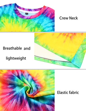 Inrajoper Boys 4 Pcs Hippie Costume Accessories Set 60S 70S Colorful Kids Fun Tie Dye T-Shirt For Theme Party 6-8 Years Rainbow