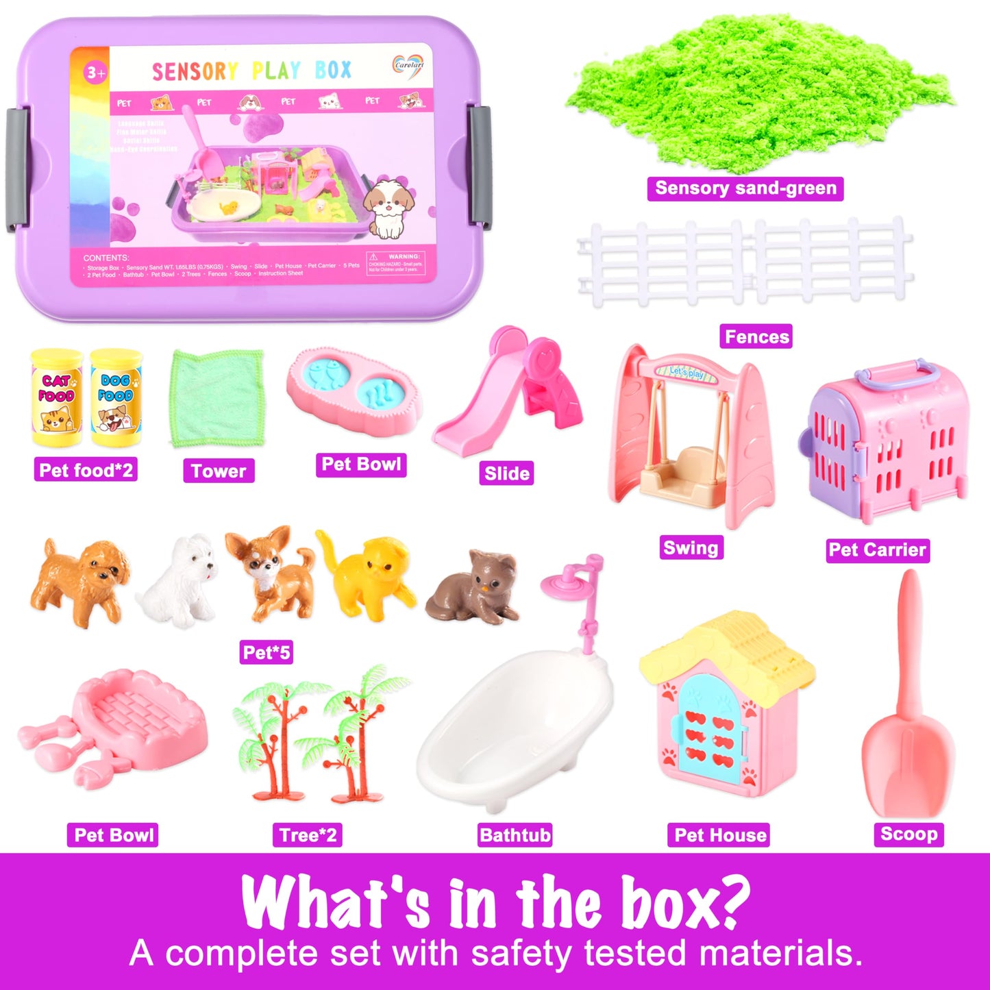 Carolart Pet Sensory Bin,Dog And Cat Sandbox For Kids,Kids Play Sand Kit,Pet Play Set With Sensory Sand,Pet Care Play Set,Role P