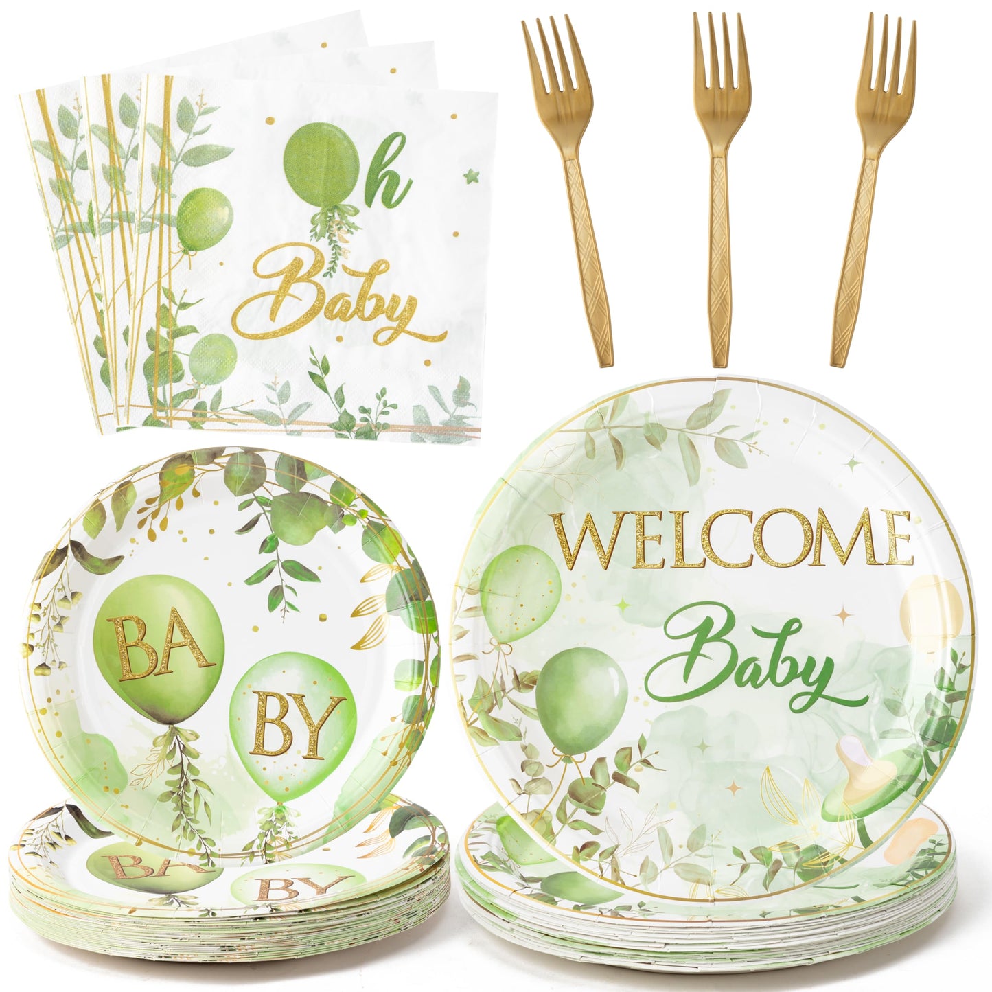 G1ngtar Welcome Baby Greenery Baby Shower Party Plates Supplies- Serves 24-96Pcs Sage Green Balloon Party Tableware Decorations