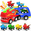 ENJSD 5-in-1 Toy Trucks for Boys 2-3 Years, Friction Powered, Red, Includes 4 Dinosaur Toy Cars, Flashing Light & Sound, Model G0111