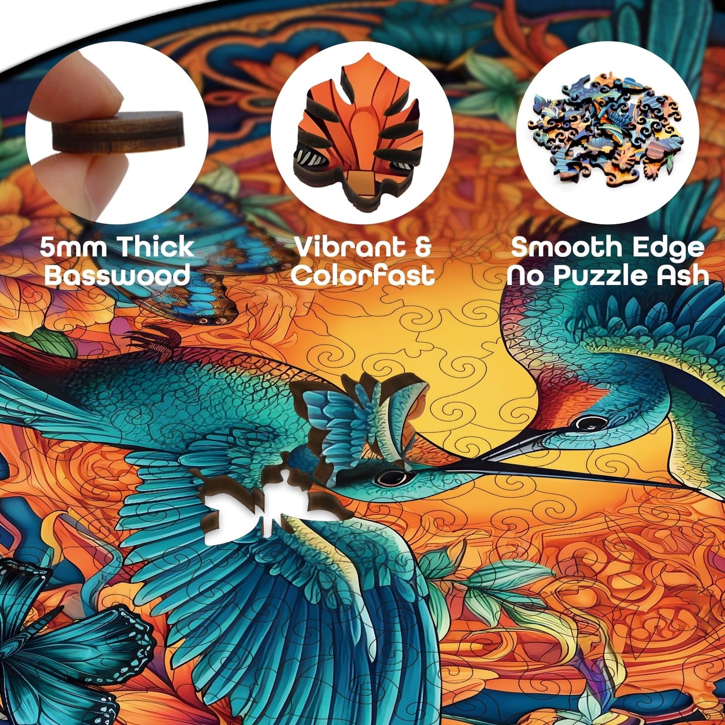 Mandala Hummingbird Wooden Puzzles, Bird Hard Jigsaw Puzzles For Adults, Gradient Flower Wood Puzzle