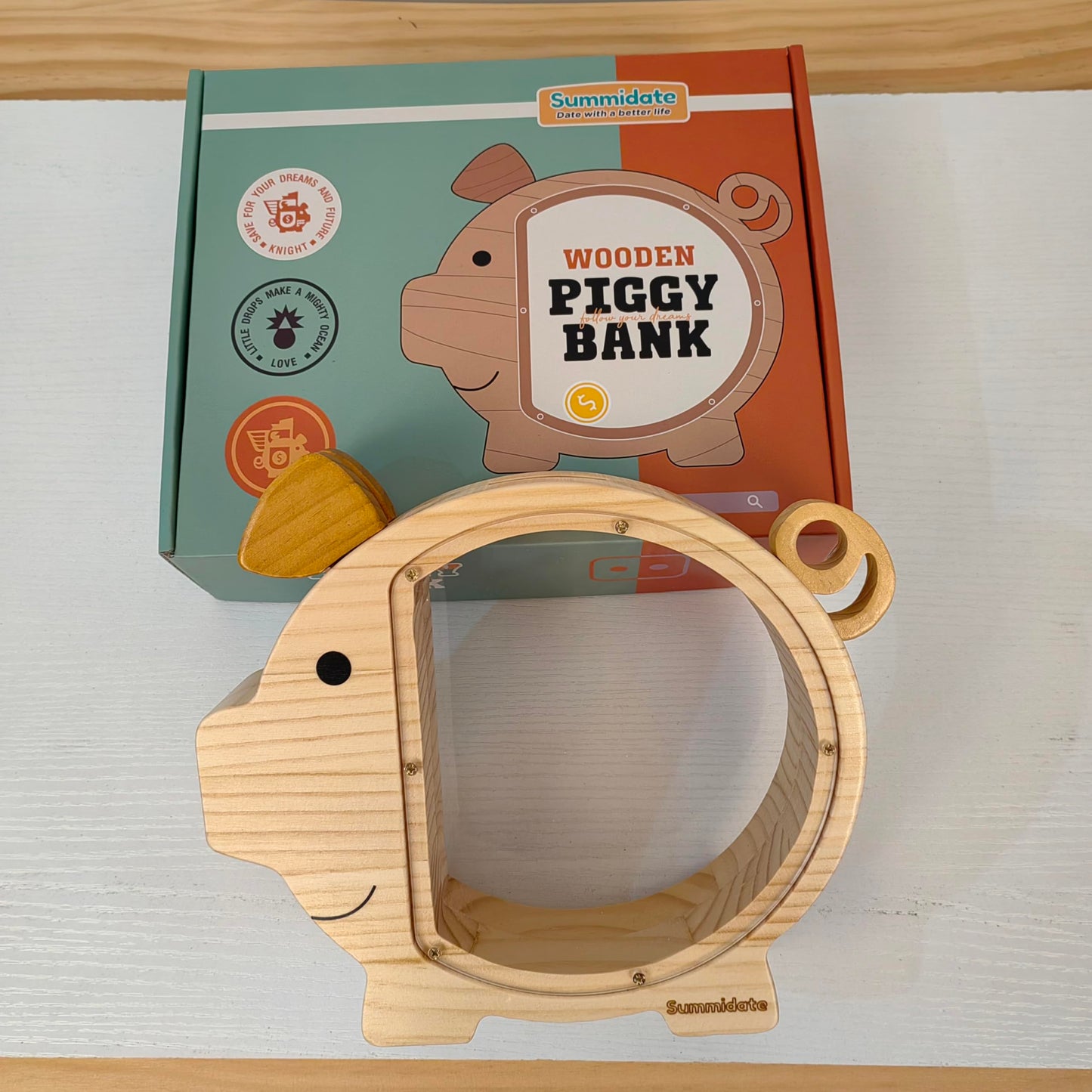 Summidate Wooden Piggy Bank For Kids Large Piggy Bank For Boys And Girls, Cute Unbreakable Wood Money Bank, Creative Saving Money Jar Personalized Present For Child Birthday Christmas & Decor